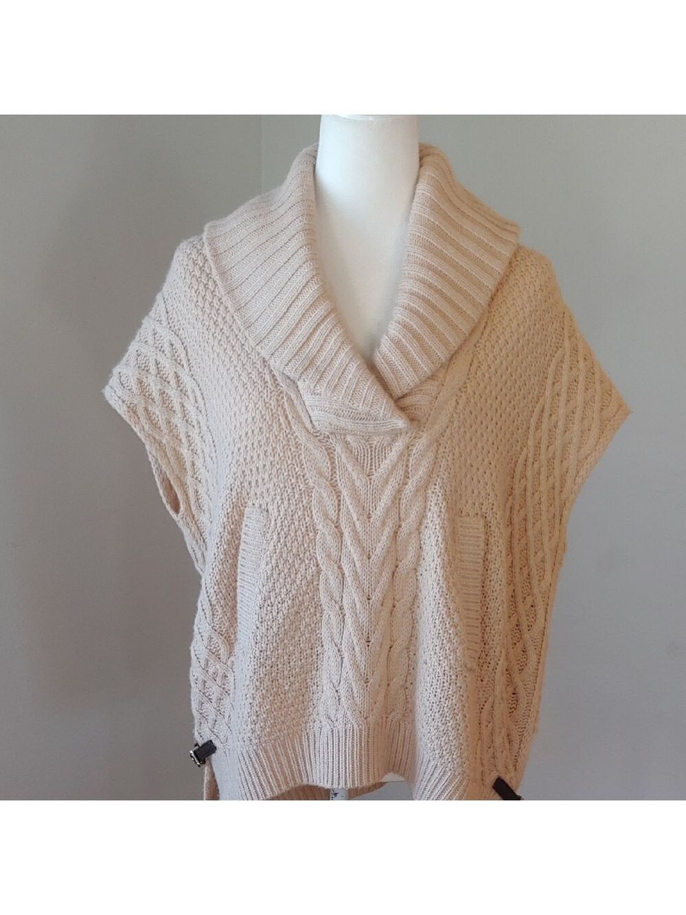 Saks Fifth Ave Wool Blend Cream Cable Knit Cowl Sweater with Side Belts Small - Picture 5 of 16